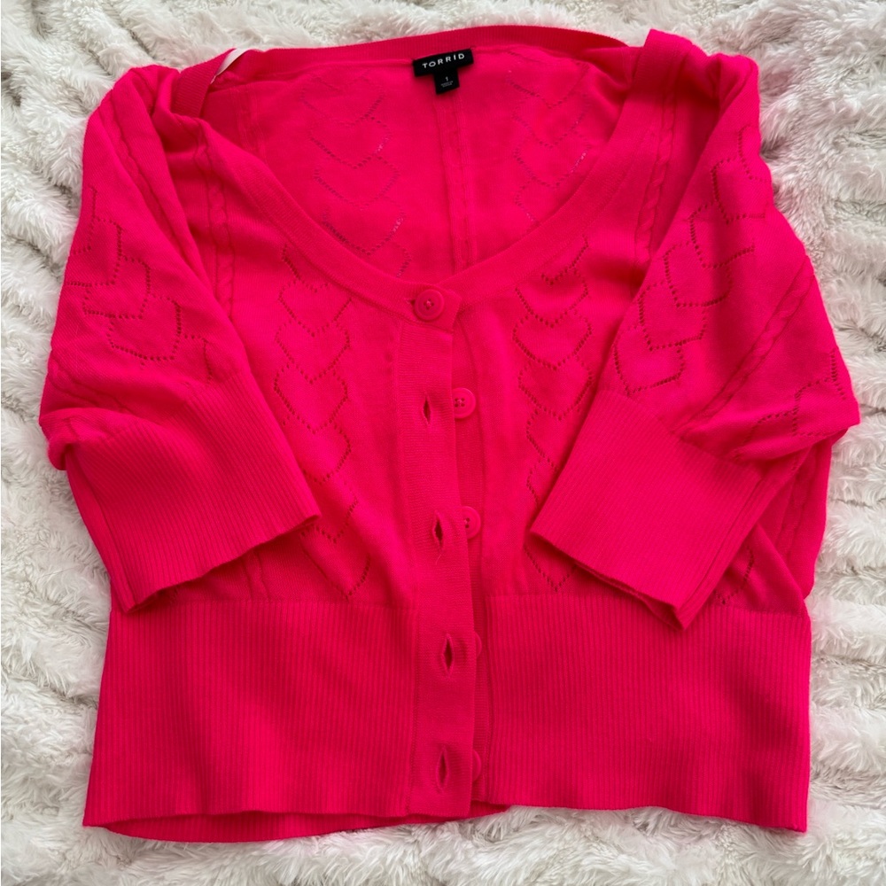 Cardigan Short Sleeve Cropped Sweater - Heart/Hot Pink - Size 1